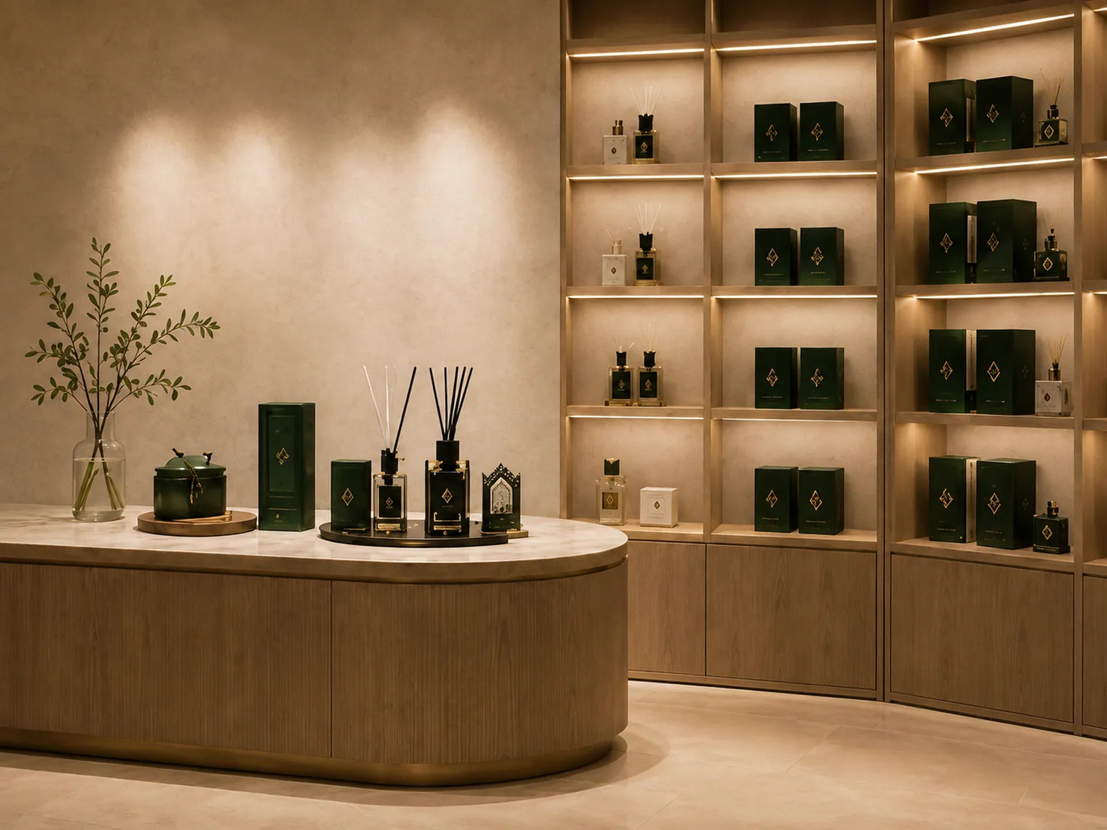 A calm human space styled with soft light and minimalist fragrance objects